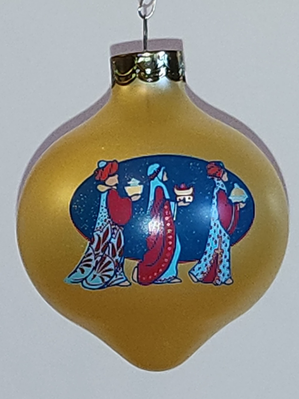 Hallmark Nativity Wise Men Gold Teardrop Glass Ornament “O Come Adore Him” 1986